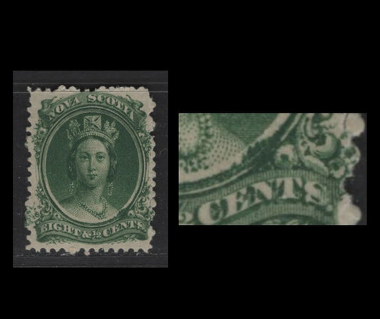 Lot 304 Nova Scotia #11var 8.5c Dark Green Queen Victoria, 1860-1867 Cents Issue, A Fine OG Single On Yellowish Paper, Showing Over-Inking In Medallion, Perf. 12 x 11.75