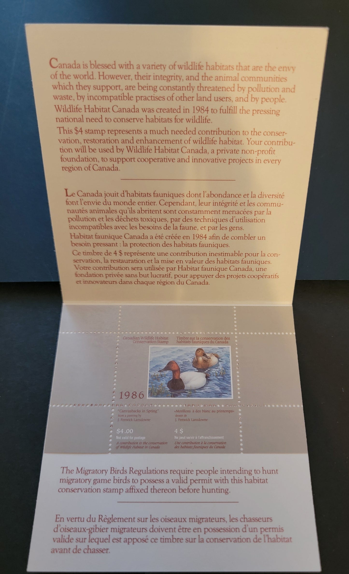 Lot 139 Canada  #FWH2 $4 Multicoloured Canvasbacks, 1986 Federal Wildlife Habitate Conservation Issue, A VFNH Complete Booklet HF Inside Cover, DF Stamp