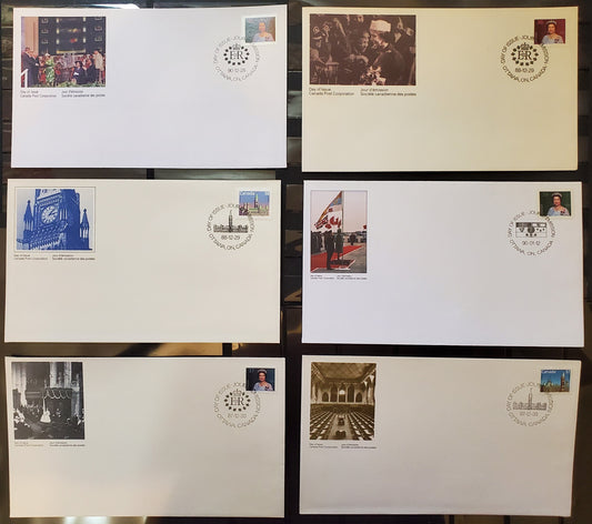 Canada #1162-1165, 1167-1168 37-40c Multicoloured Parliament Buildings & Queen Elizabeth II, 1987-1991 Mammal & Architecture Issue, 6 VF  First Day Covers LF Cream and HB White Envelopes