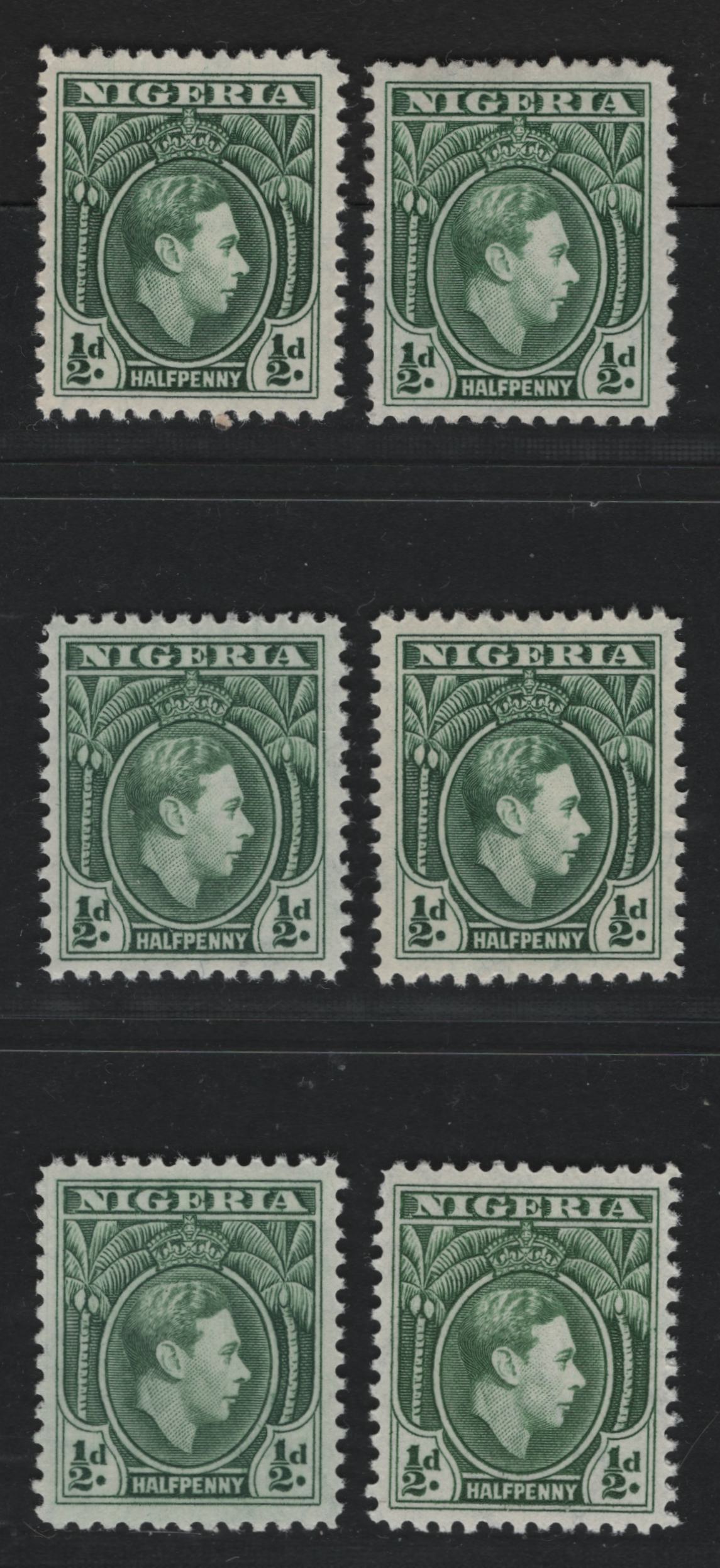 Nigeria #53var (SG#49var) 1/2d Deep Dull Green - Dull Green King George VI, 1938-1952 King George VI Definitive Issue, 6 VFOG & VFNH Singles, Line Perf 12, April 1944, December 1944, March 1945 & July 1947 Printings