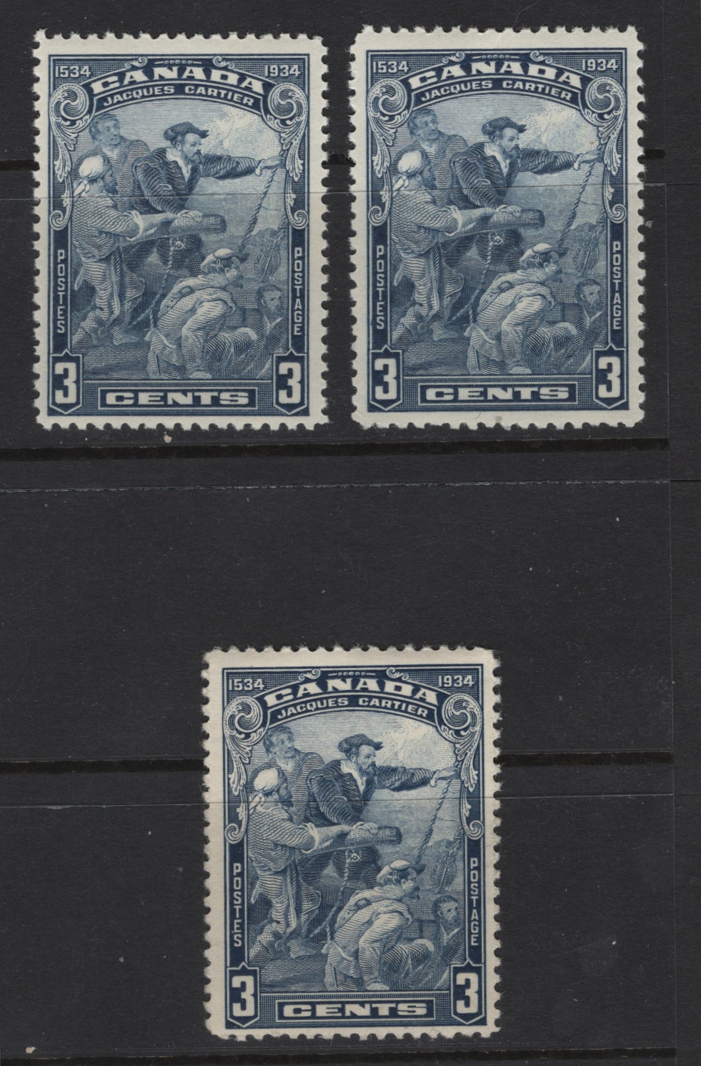 Canada #208 3c Blue Jacques Cartier, 1934 Jacques Cartier Issue, 3 FNH Singles, Papers BABN-FF, BABN-GG & BABN-HH