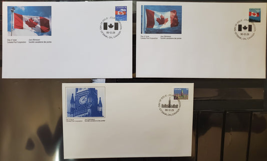 Canada #1165-1166, 1169 38-40c Multicoloured Parliament Buildings, Canadian Flag & Queen Elizabeth II, 1987-1991 Mammal & Architecture Issue, 3 VF  First Day Covers DF Cream & HB White Envelopes