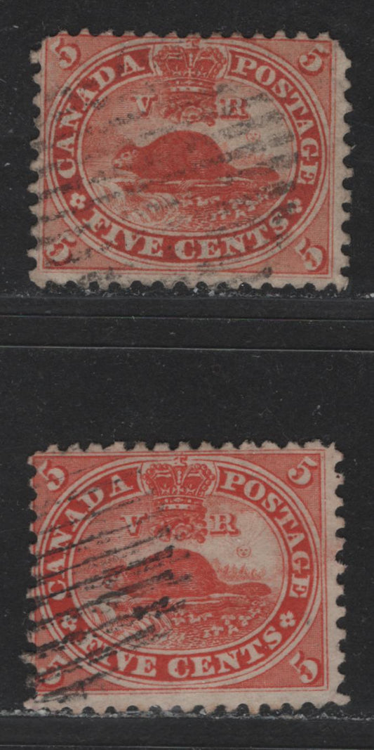 Lot 308 Canada #15 5c Vermilion Beaver, 1859-1867 First Cents Issue, 2 VG Used Singles Perf. 12, Two Slightly Different Shades