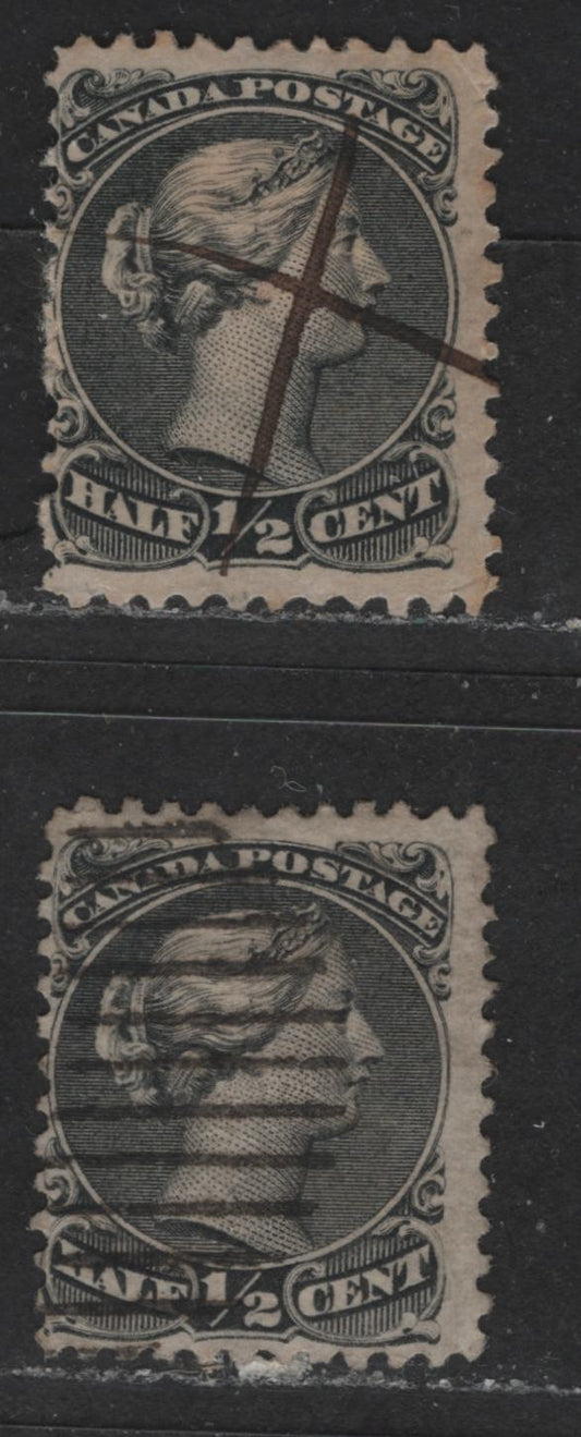 Lot 309 Canada #21 1/2c Black Queen Victoria, 1868-1897 Large Queen Issue, 2 VG Used Singles Perf. 12 On Duckworth Paper #3 & Small Queen Paper