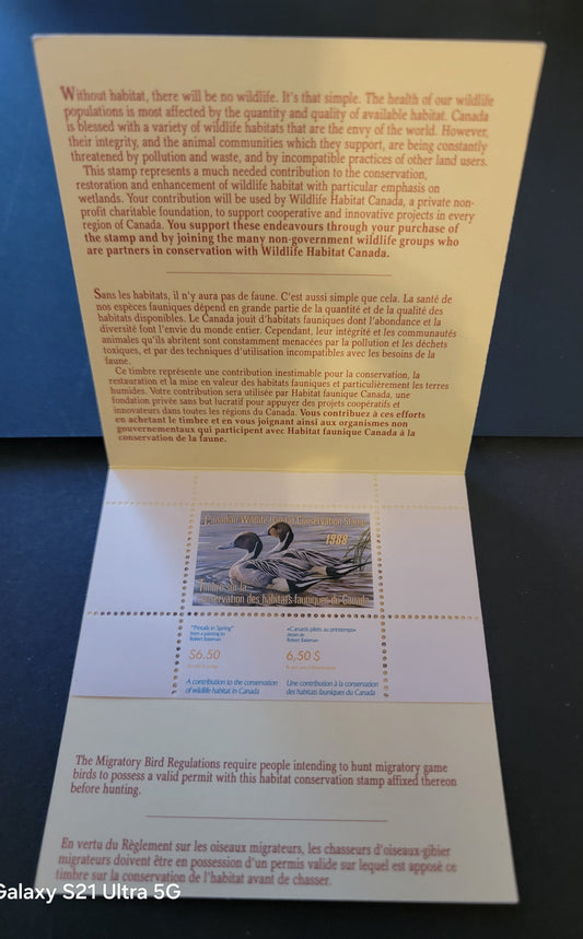 Lot 309 Canada  #FWH4 6.5 Multicoloured Pintails, 1988 Federal Wildlife Habitate Conservation Issue, A VFNH Complete Booklet LF Inside Cover, DF Stamp