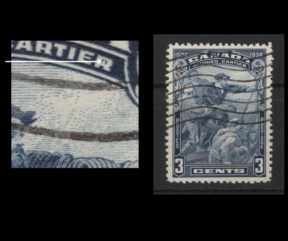 Lot 308A Canada (C)  #208 3c Dull Blue Jacques Cartier, 1934 Jacques Cartier Issue, A Very Fine Used Single, Paper BABN-FF Or GG, White Dot In Center Of R Of Cartier, Unlisted.