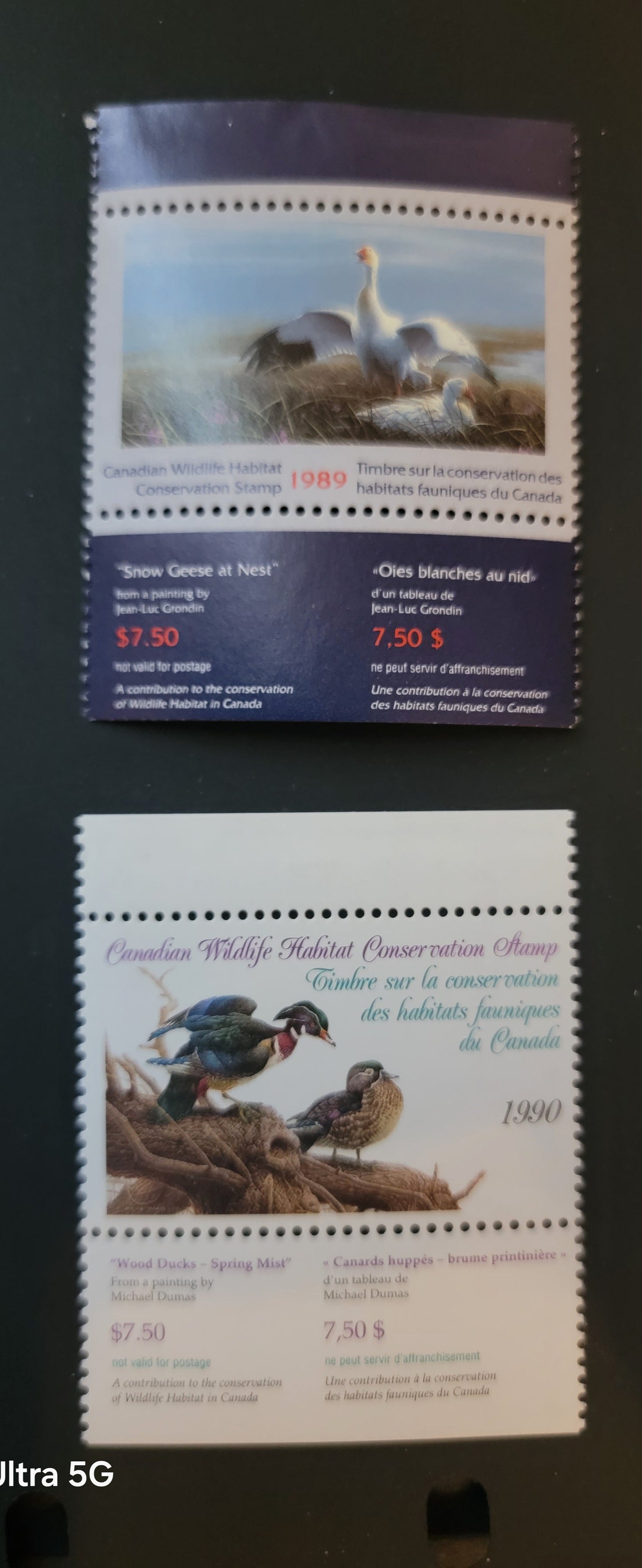 Lot 310 Canada  #FWH5-FWH6 7.5 Multicoloured Snow Goose & Wood Ducks, 1989-1990 Federal Wildlife Habitate Conservation Issue, 2 VFNH Booklet Singles 1989 Is On DF Paper, While 1990 Is On LF Paper