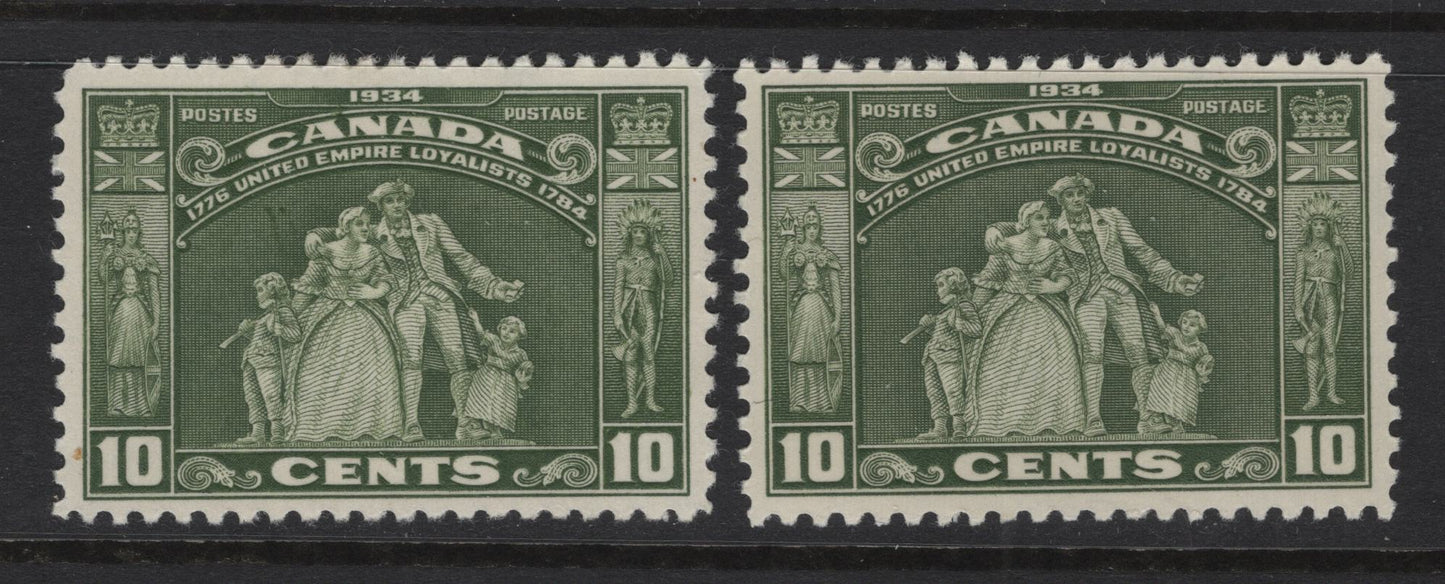 Canada (C)  #209 10c Olive Green & Lighter Bronze Green Loyalists Statue, 1934 Loyalists Issue, 2 VFOG Singles, Paper BABN-II, Perf 10.85x10.8
