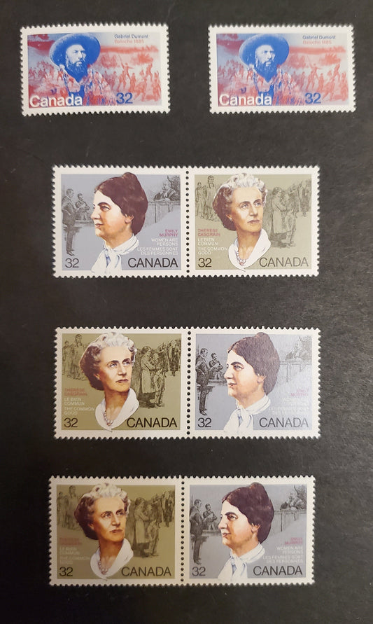 Canada #1048a-1049 32c Multicoloured Therese Casgrain & Emily Murphy, Gabriel Dumont & Battle of Batoche, 1985 Canadian Feminists & Gabriel Dumont Issue, 2 VFNH Singles & 3 Pairs DF2/LF3, DF2/DF2, DF2/DF1 Harrison Papers