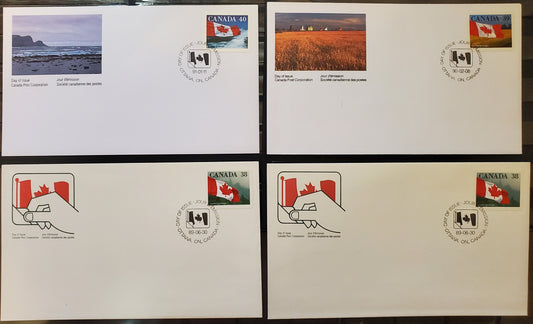 Canada #1191-1193 38c-40c Multicoloured Canadian Flag Over Various Scenes, 1987-1991 Mammal & Architecture Issue, 4 VF  First Day Covers DF & NF Cream And HB White Envelopes