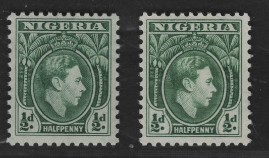 Nigeria #53avar (SG#49avar) 1/2d Green King George VI, 1938-1952 King George VI Definitive Issue, 2 VFNH Singles, Comb Perf. 11.5, February 1950 & August 1951 Printings