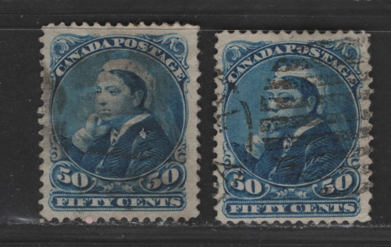 Lot 315 Canada #47 50c Blue & Brighter Blue Queen Victoria, 1893-1900 Widow's Weeds Issue, 2 VG & Fine Used Singles One Stamp VF Centered & Other Fine Centered With Minor Paper Wrinkles/Creases