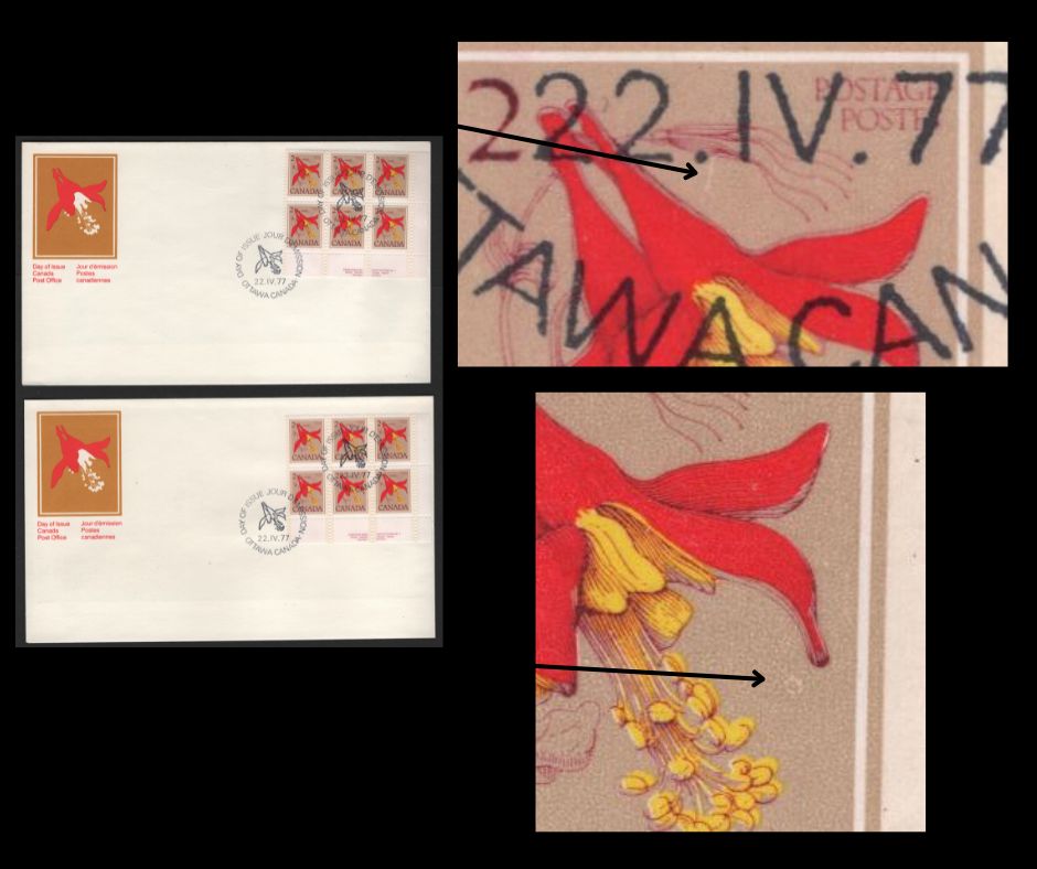 Canada #707var 2c-10c Western Columbine, 1977-1985 Floral & Environment Issue, 2 VF Canada Post Official FDC's Franked With LR Plate Blocks, DF Envelopes, Showing Donut Flaw & White Fillament Varieties At Pos. 99-100, Possibly Tertiary