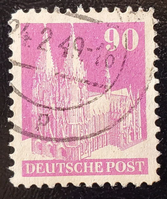 Germany - American and British Zone MI#96IIWC (657var) 1948-1951 Buildings Issue, 90pf Rose Lilac Type 2,  Line Perf 11.5, Wmk W, A VF Used Single, 2023 Michel Cat. € 6