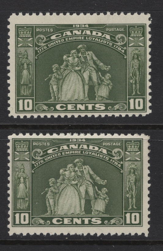 Lot 318 Canada #209 10c Olive Green Loyalists Statue, 1934 Loyalists Issue, 2 FOG Singles, Papers BABN-II & BABN-S, Perf 10.85x10.8
