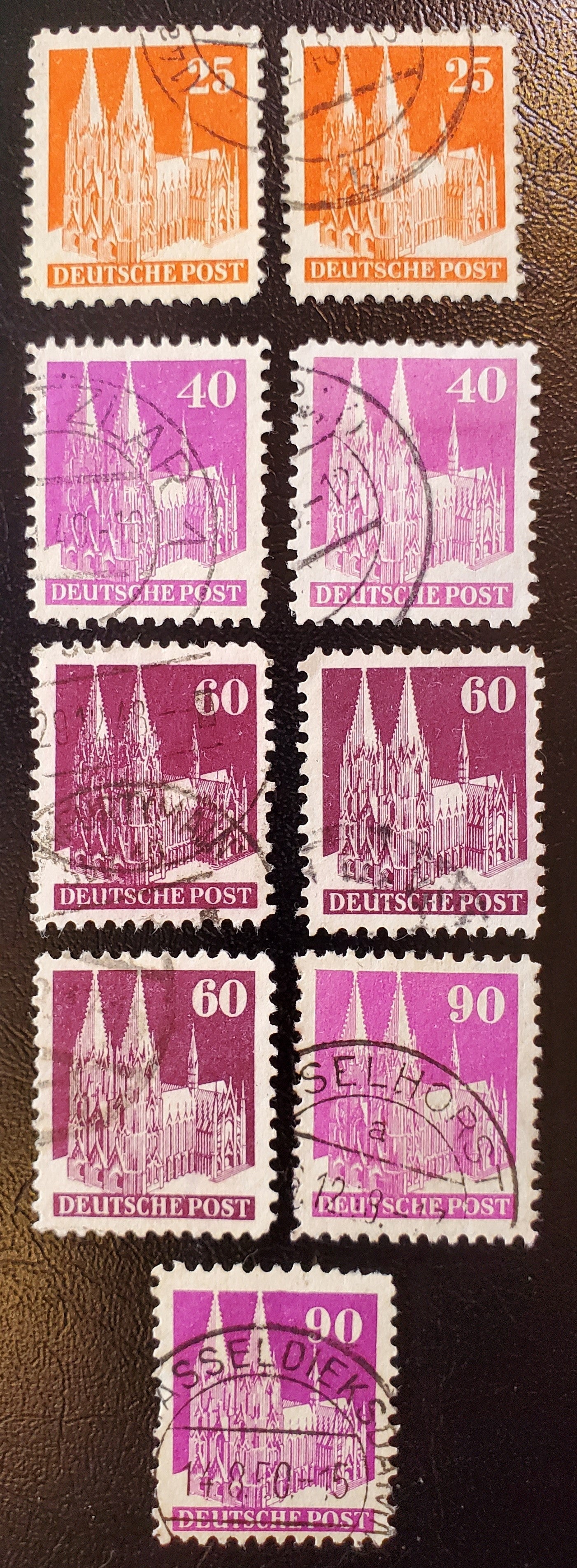 Germany - American and British Zone MI#87IIWE/96IIIWE (648/657) 1948-1951 Buildings Issue, 25pf Vermilion - 90pf Rose Lilac Line Perf 11.5 x 11, Wmk W, A F-VF Used Group, Types 2, 3 and 3a, 2023 Michel Cat. € 5