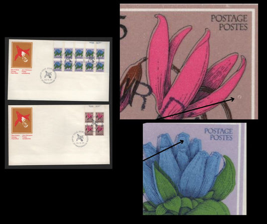 Canada #705var, 710var 1c, 5c 1977-1985 Floral & Environment Issue, 2 VF Canada Post Official FDC's Franked With UR Plate Blocks, Showing Donut Flaws & Leftward Shift Of Engraving, Split Tagging Bars, DF Envelopes & Papers