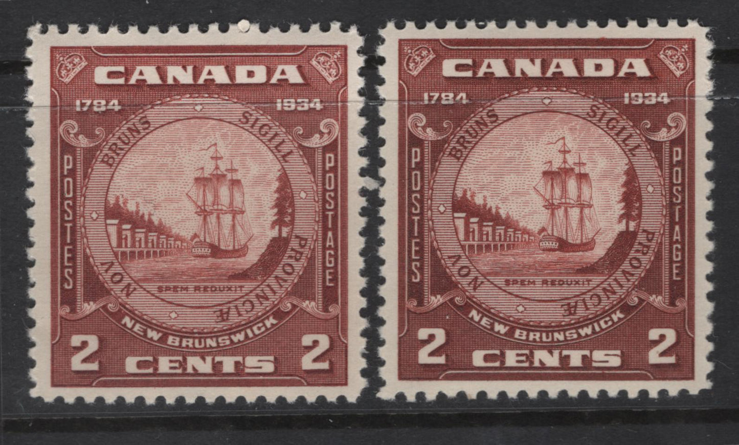 Lot 321 Canada (C)  #210 2c Red Brown & Pale Red Brown New Brunswick Seal, 1934 New Brunswick Issue, 2 VFNH Singles, Paper BABN-GG, Perf 10.75x10.85
