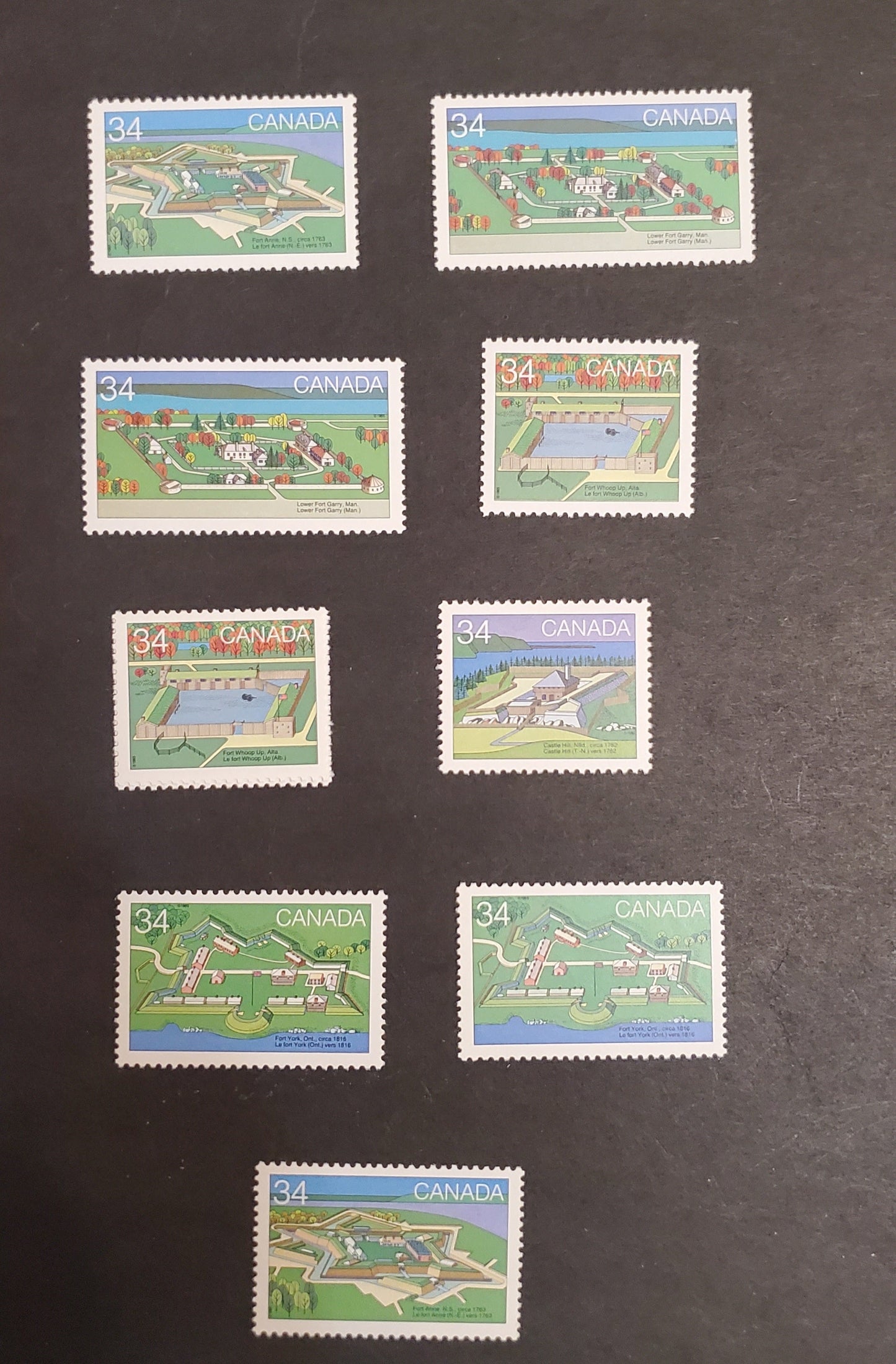 Canada #1050-1054 34c Multicoloured Lower Fort Garry - Fort Whoop-Up, 1985 Forts of Canada Issue, 10 VFNH Singles 2 Different Shades of Green On Each Stamp