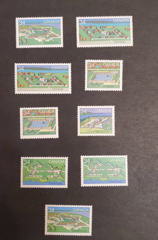 Canada #1050-1054 34c Multicoloured Lower Fort Garry - Fort Whoop-Up, 1985 Forts of Canada Issue, 10 VFNH Singles 2 Different Shades of Green On Each Stamp