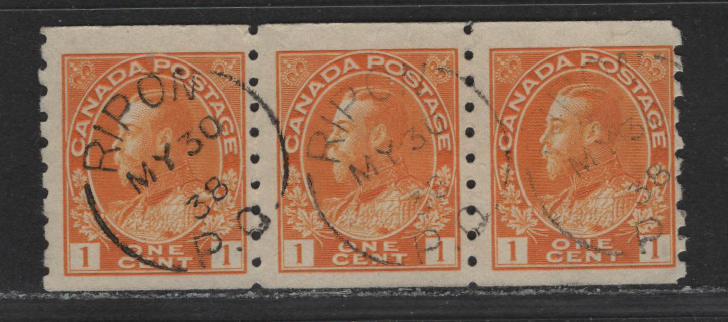 Lot 322 Canada #126 1c Yellow Orange King George V, 1911-1928 Admiral Issue, A Fine Used Coil Strip Of 3 Perf. 8 Vertically, Dry Printing, Die 2, May 30, 1938 Ripon, QC Split Ring Cancel