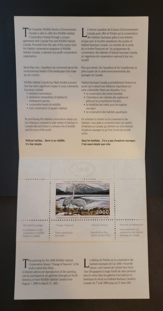 Lot 323 Canada  #FWH16 8.5 Multicoloured Sandhill Cranes, 2000 Federal Wildlife Habitate Conservation Issue, A VFNH Complete Booklet DF Inside Cover, NF Stamp