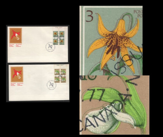 Canada #708var, 711var 3c, 10c Multicoloured Lady's Slipper, 1977-1985 Floral & Environment Issue, 2 VF Canada Post Official FDC's Franked With UR Plate Blocks, DF Papers, LF3 Envelopes, Showing Shifts of Engraving