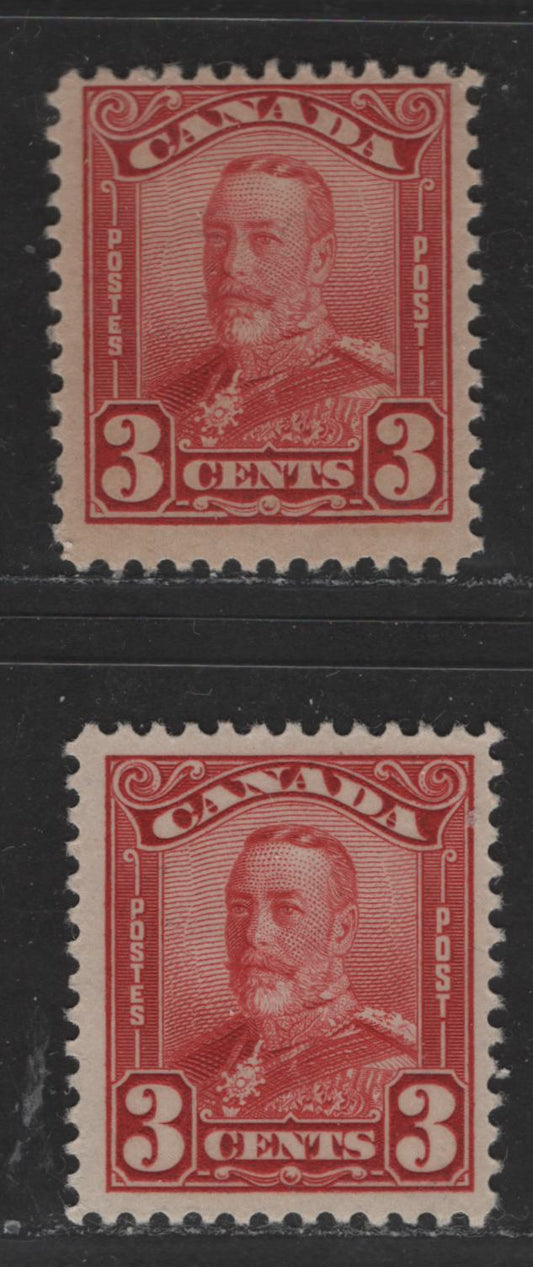 Lot 324 Canada #151 3c Carmine Red & Carmine King George V, 1928-1929 Scroll Issue, 2 Fine NH Singles One Stamp On Toned Paper