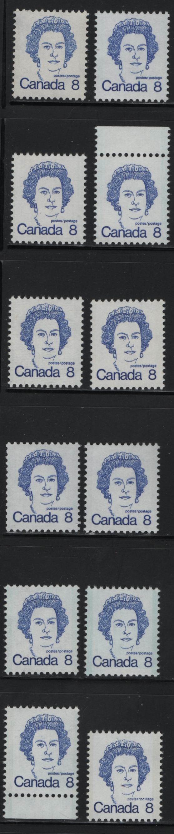 Canada #593-I, iii, v-ix 8c Royal Blue Queen Elizabeth II, 1973-1978 Caricature Issue, 11 Fine & VFNH Singles Covering The Full Range Of Smooth Perf. 12 x 12.5 Smooth Paper Printings