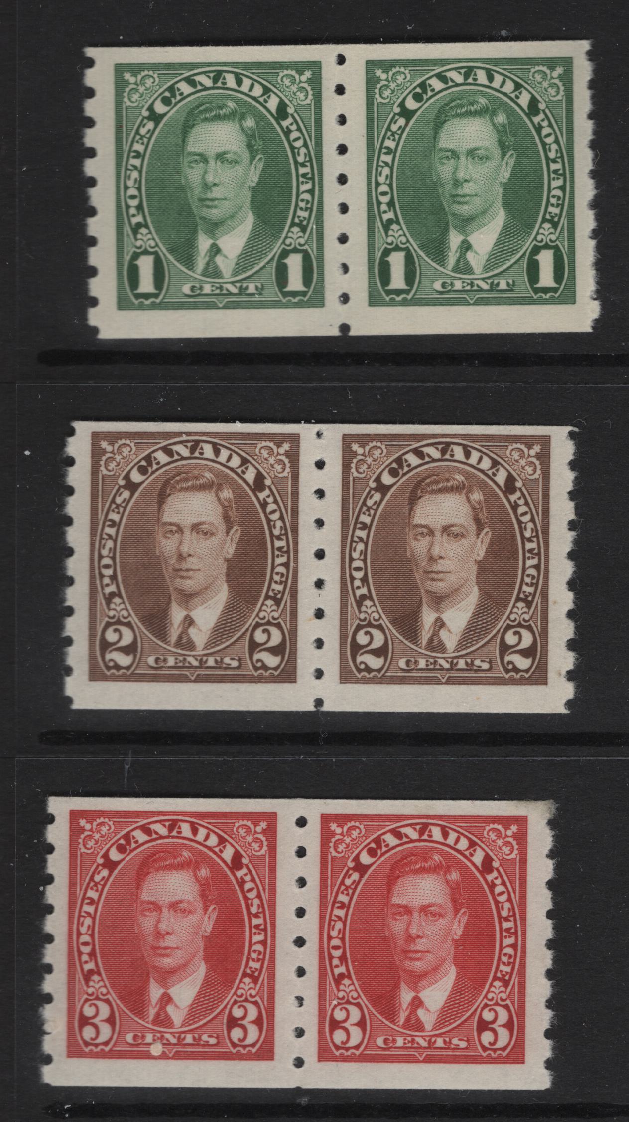 Lot 326 (C) Canada SC#238-240 1c-3c Green, Brown & Carmine King George VI, 1938-1942 Mufti Issue, 3 Fine NH Coil Pairs Rotary Bar Perforation, 3.5-3.75 mm Spacing, Paper/Gum Type CBN-AAA