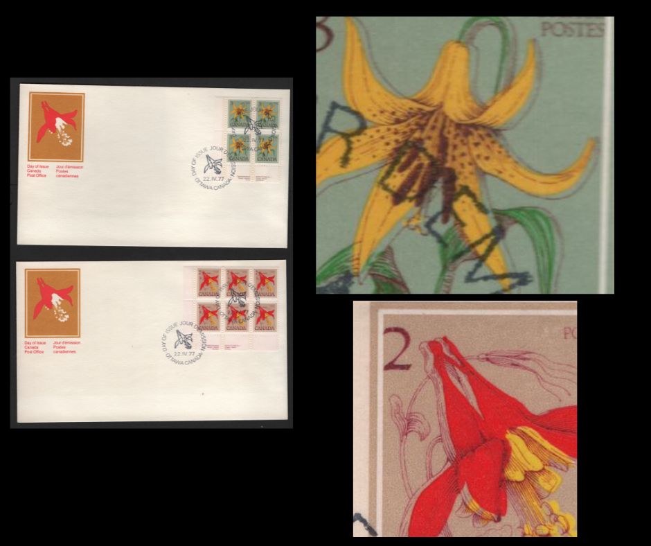 Canada #707var-708var 2c-3c Multicoloured Western Columbine & Canada Lily, 1977-1985 Floral & Environment Issue, 2 VF Canada Post Official FDC's Franked With LL Plate Blocks, DF Papers, LF3 Envelopes, Showing Shifts Of Engraving