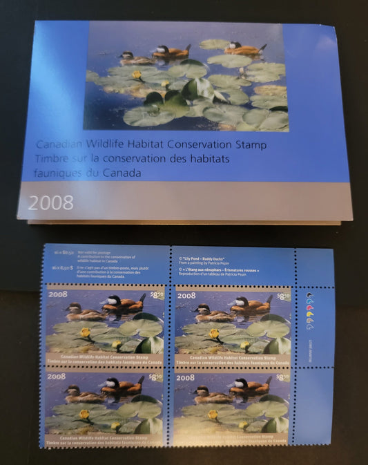 Lot 327 Canada  #FWH24 8.5 Multicoloured Ruddy Ducks, 2008 Federal Wildlife Habitate Conservation Issue, A VFNH UR Plate Block In Protective Folder, DF Paper