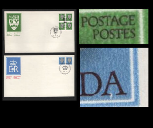 Canada #713var, 789var 12c, 17c 1977-1985 Floral & Environment Issue, 2 VF Canada Post Official FDC's Franked With Pair & Block of 4, LF Paper, DF Envelopes, Showing White Dash Under "A" Of Canada & Dot Between "TE" Of "Postes, Possibly Tertiary