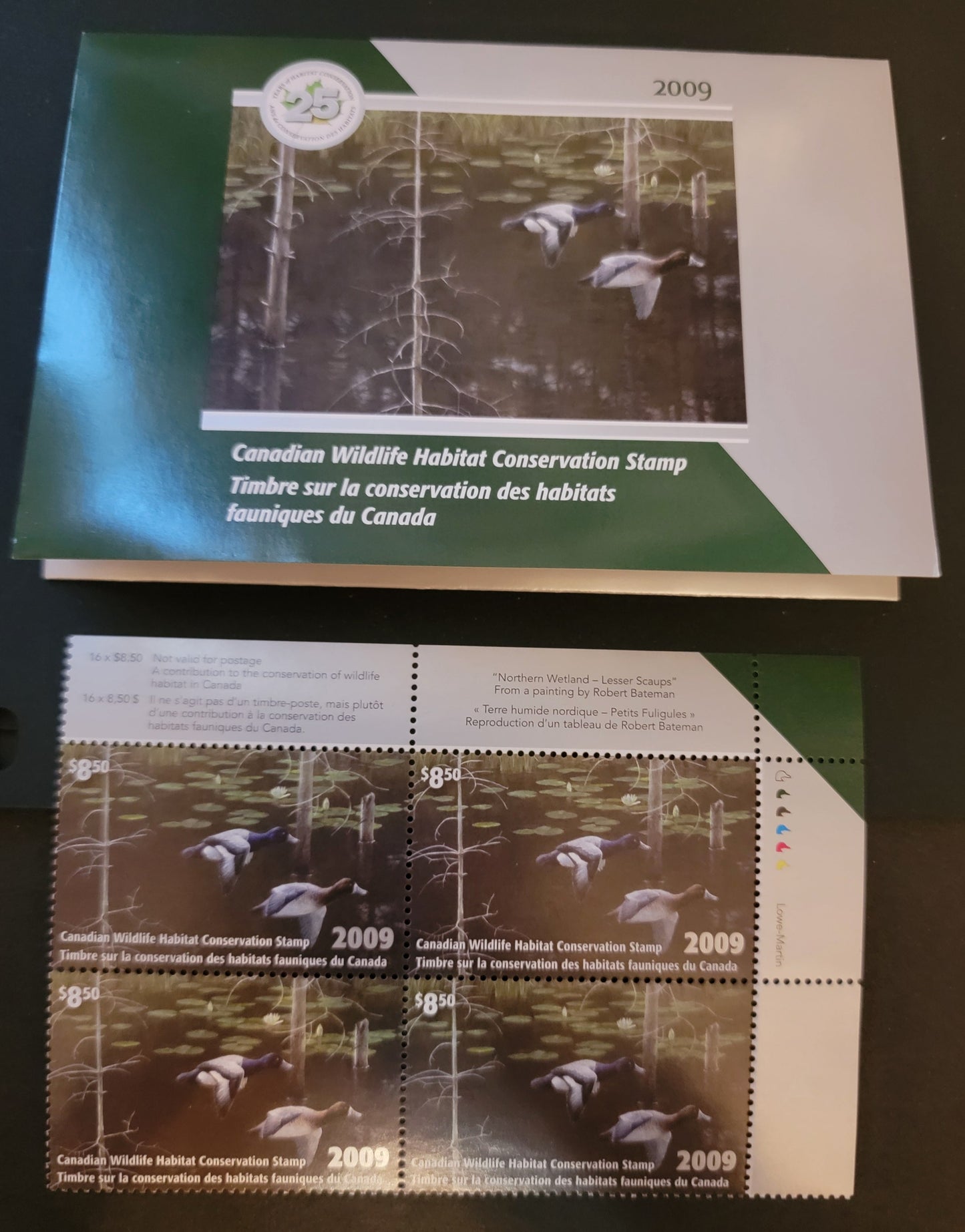 Lot 328 Canada  #FWH25 8.5 Multicoloured Lesser Scaup, 2009 Federal Wildlife Habitate Conservation Issue, A VFNH UR Plate Block In Protective Folder, LF Paper