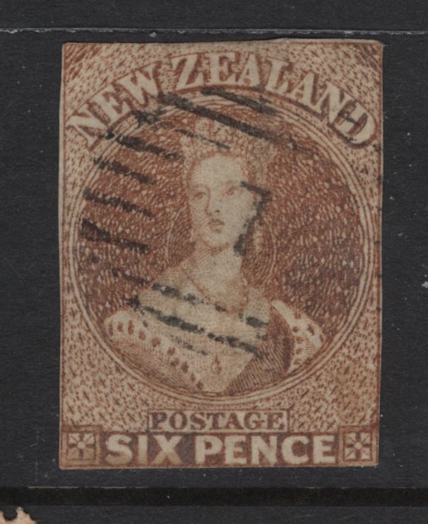 Lot 330 New Zealand (C) SG#14 6d Pale Brown Queen Victoria, 1857-1863 Chalon Heads Issue, A Fair Used Single, Unwatermarked, Thick Hard Paper, Margins Are Just Barely Clear To Just Touching On All Sides.