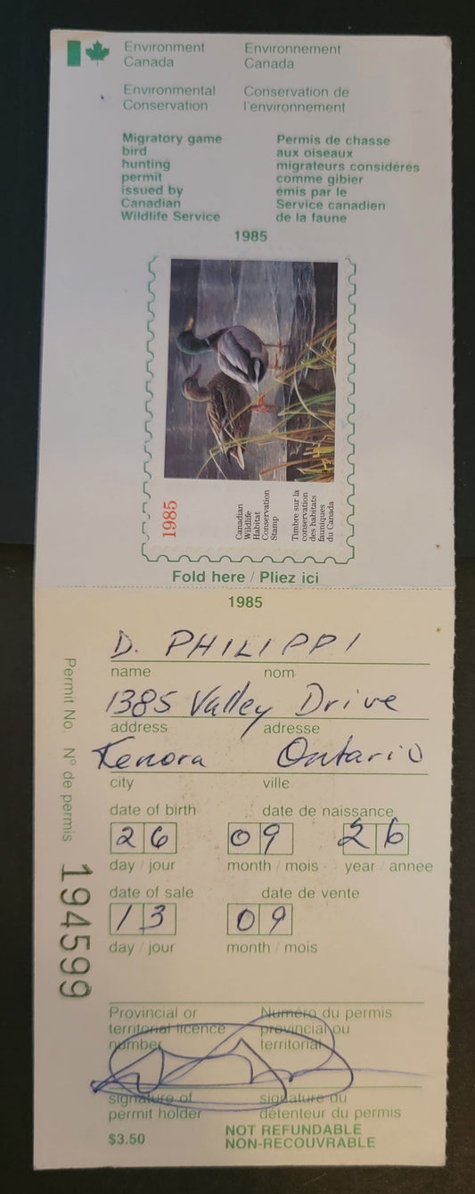 Lot 330 Canada  #FWH1 4 Multicoloured Mallards, 1985 Federal Wildlife Habitate Conservation Issue, A VF Used Single Used On Complete Licence Stamp On LF Paper