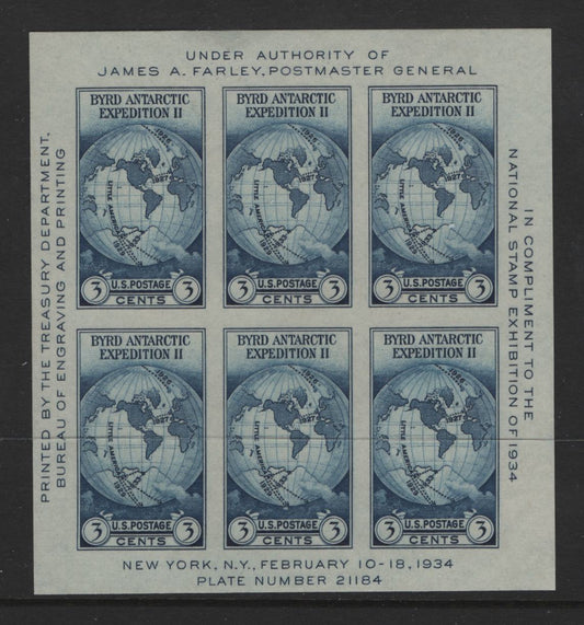 United States Of America #735 3c Dark Blue Globe & Air Routes, 1934 National Stamp Exhibition Issue, A GEM Unused Souvenir Sheet Of 6