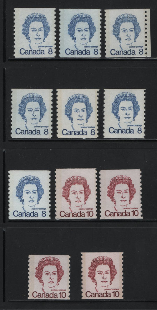 Canada #604-605ii 8c & 10c Milky Blue & Dark Carmine Queen Elizabeth II, 1973-1978 Caricature Issue, 11 VFNH Coil Singles Covering A Wide Range Of Paper Types