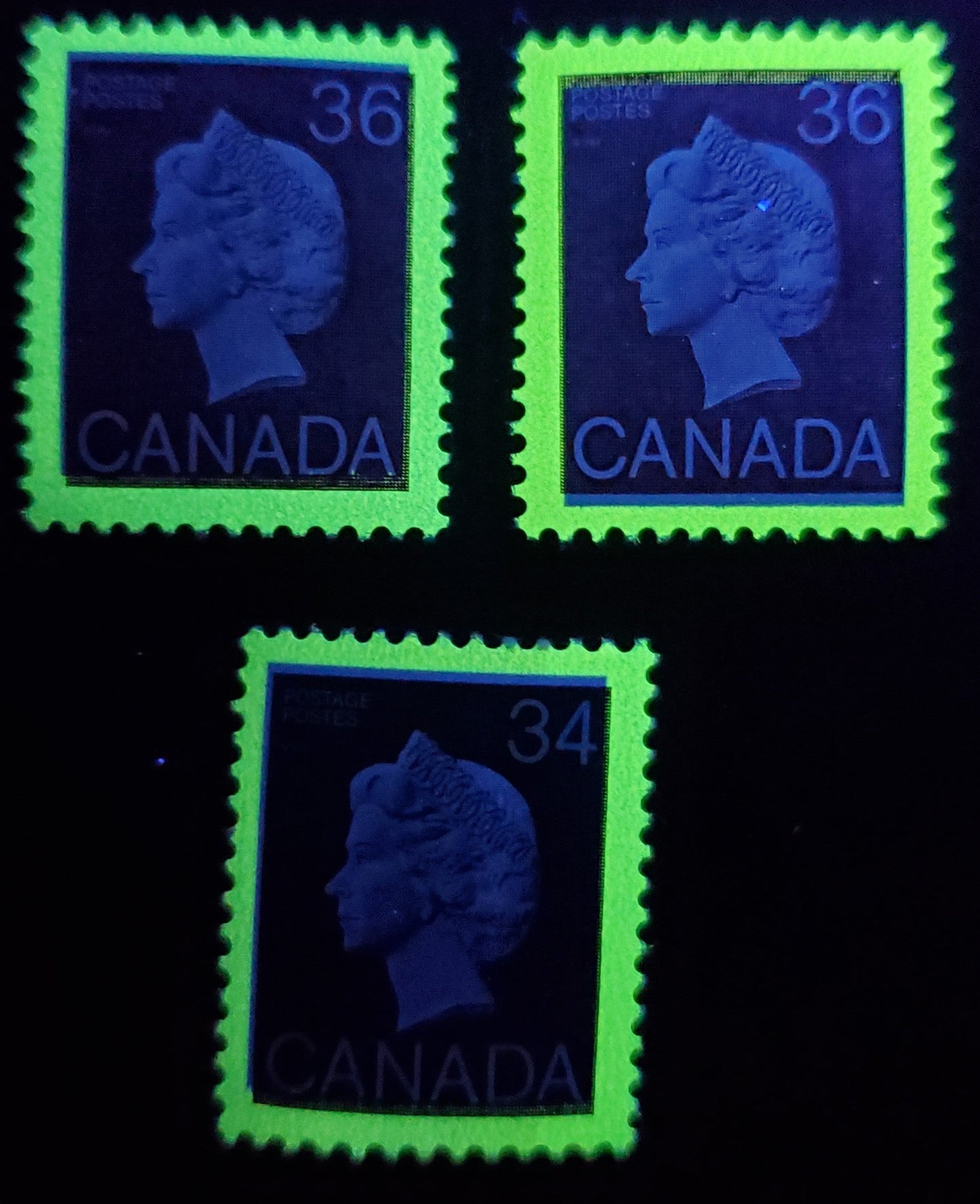 Canada #926, 926A 34c & 36c Dark Blue & Plum Queen Elizabeth II, 1985-1987 First Class Definitives, 3 VFNH Singles On DF Harrison Paper With Deep Yellow & Greenish Yellow Tags