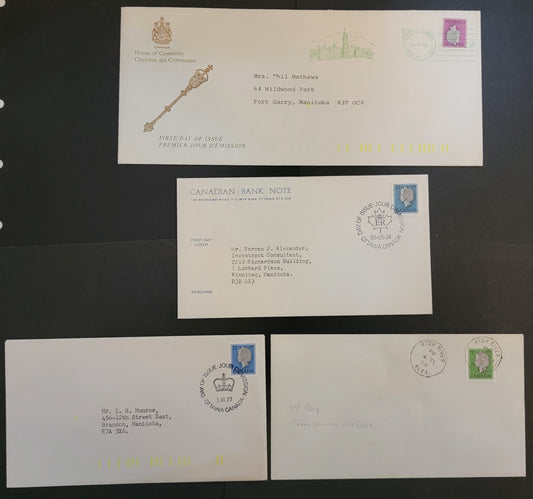 Canada #713, 789, 791-792 12c-32c Multicoloured Queen Elizabeth II, 1977-1985 Floral & Environment Issue, 4 VF Plain, House of Commons & CBN FDC's Franked With Singles, DF Papers, 3 Addressed,