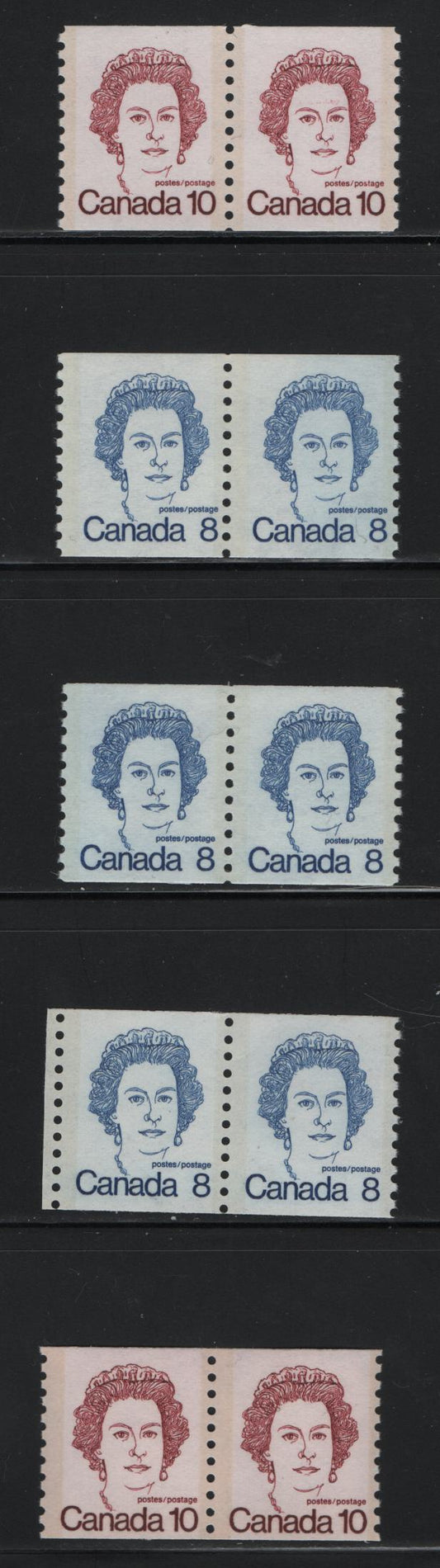 Canada #604-605ii 8c & 10c Milky Blue & Dark Carmine Queen Elizabeth II, 1973-1978 Caricature Issue, 5 Fine & VFNH Coil Pairs NF, DF and LF Papers