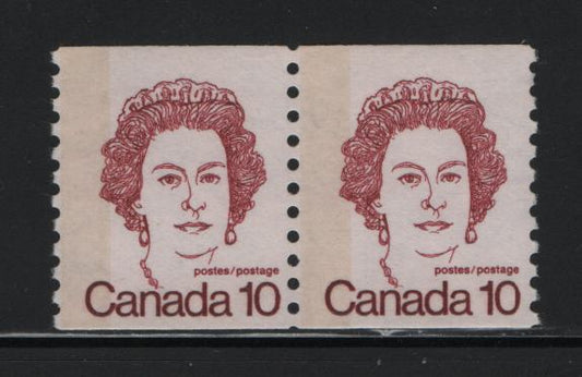 Canada #605var 10c Dark Carmine Queen Elizabeth II, 1973-1978 Caricature Issue, A Fine NH Coil Pair DF2/DF2 Rose-Tinted Smooth Paper, Light Tagging, G2aL Tagging Error