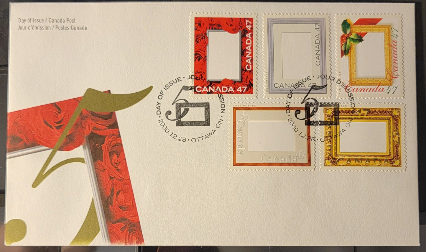 Canada #1882a-e 47c Multicoloured Love (Roses) Frame - Gold Leaf Frame, 2000 Picture Postage Issue, A VF Canada Post FDC's Franked With Singles On DF Envelope, But MF Stamps