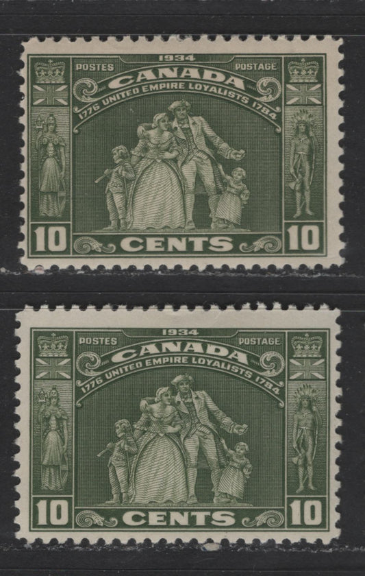 Lot 333 Canada #209 10c Olive Green Loyalists Statue, 1934 United Empire Loyalists Issue, 2 Fine OG Singles With Cream and Deep Cream Satin Gums