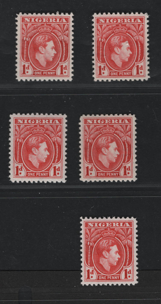 Nigeria #54var (SG#50avar) 1d Rose Carmine - Rose-Red King George VI, 1938-1952 King George VI Definitive Issue, 5 VFNH Singles, Line Perf 12, July 1942 & July 1943 Printings