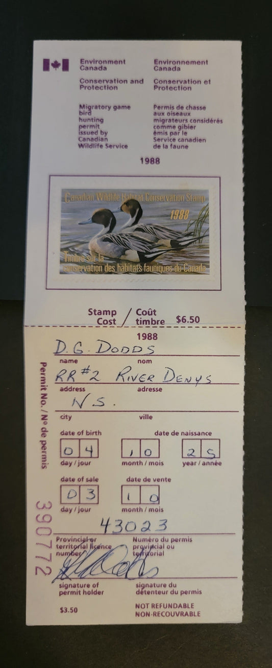 Lot 333 Canada  #FWH4 6.5 Multicoloured Pintails, 1988 Federal Wildlife Habitate Conservation Issue, A VF Used Single Used On Complete Licence Stamp On DF Paper