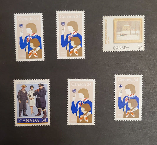 Canada #1062, 1075-1076 34c Multicoloured Girl Guides, Naval Personnel & The Old Holton House, 1985 Girl Guides - Montreal Museum of Fine Arts Issues, 6 VFNH Singles LF/DF1, DF2/DF1, DF1/DF2, DF2/DF2, NF/DF and NF/NF Harrison Papers