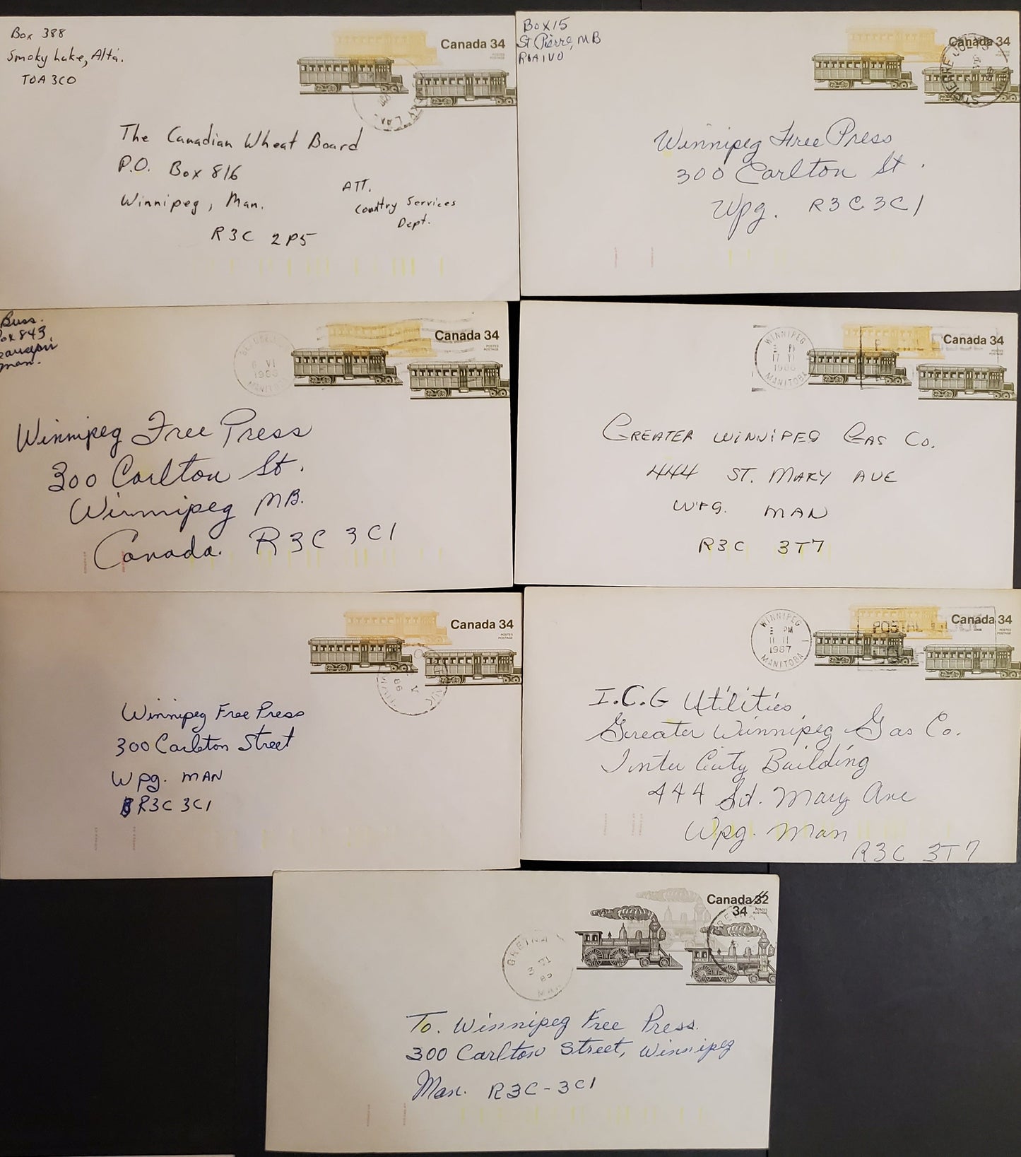 Canada #U116, U118 34c on 32c, 34c Multicoloured Trains & Railcars, 1982-1989 Transportation Issue, 6 VF Used Postal Stationery Envelopes Different Paper Fluorescences & Tag Bar Lengths