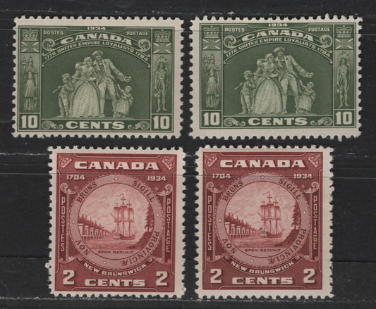 Lot 335 Canada #209-210 2c & 10c Red Brown - Greyish Olive Green Loyalists Statue & NB Seal, 1934 United Empire Loyalists & Founding Of NB Issues, 4 Fine NH Singles Two Different Printings Of Each In Different Shade & Gum Types