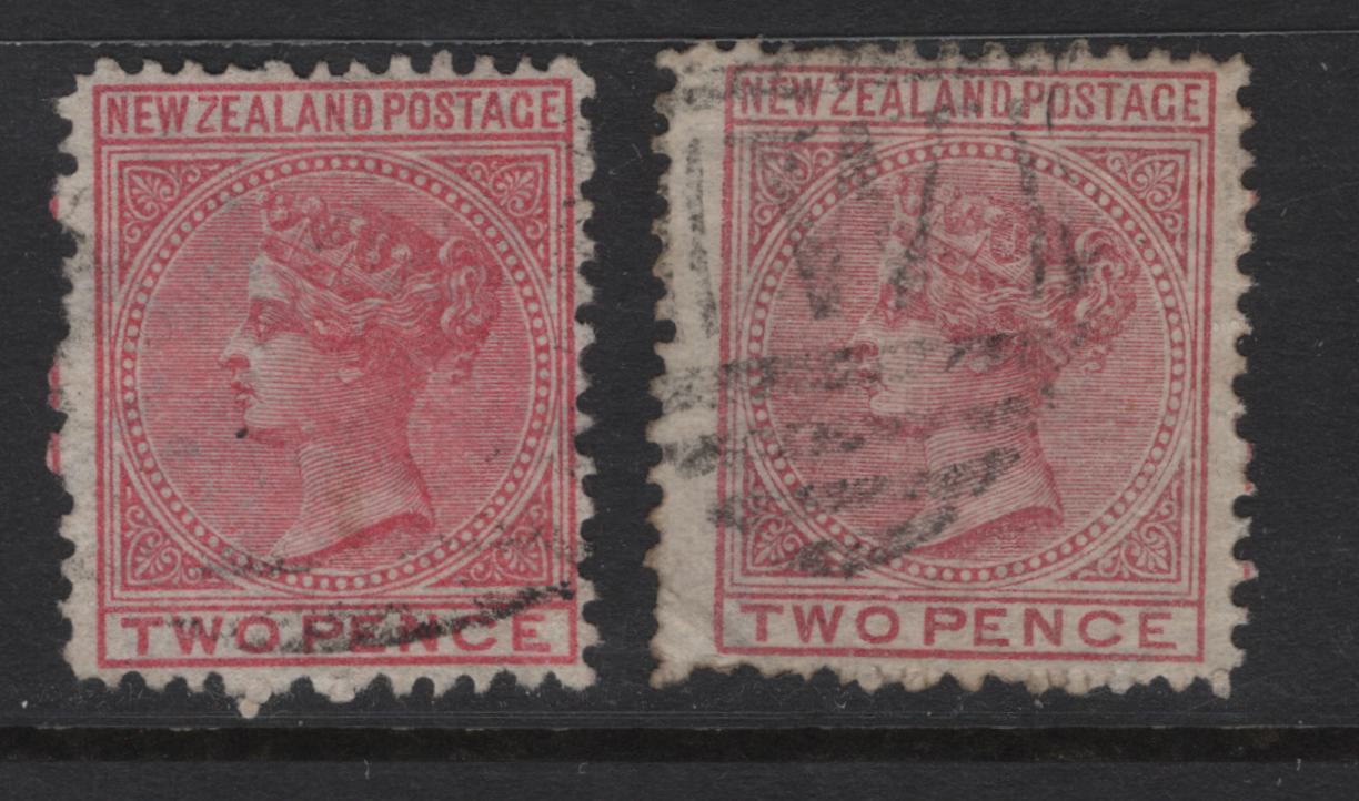Lot 337 New Zealand (C) SG#153 2d Rose & Deep Rose Queen Victoria, 1874-1878 First Sideface Issue, 2 Very Fine Used Singles, White Paper, Line Perf 12.5, Well Centered & Lightly Cancelled For This Issue.